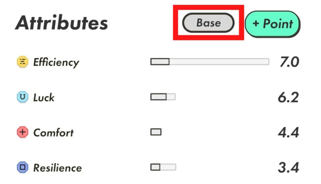 STEPNスニーカー能力の初期値「BASE」は、アプリのATTRIBUTES部分の「Base」をクリックすることで表示されます☆