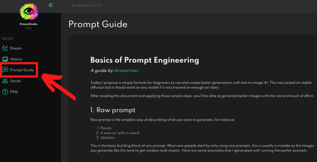 左側にある「Prompt Guide」をクリックすると、公式に使い方を解説したページに遷移